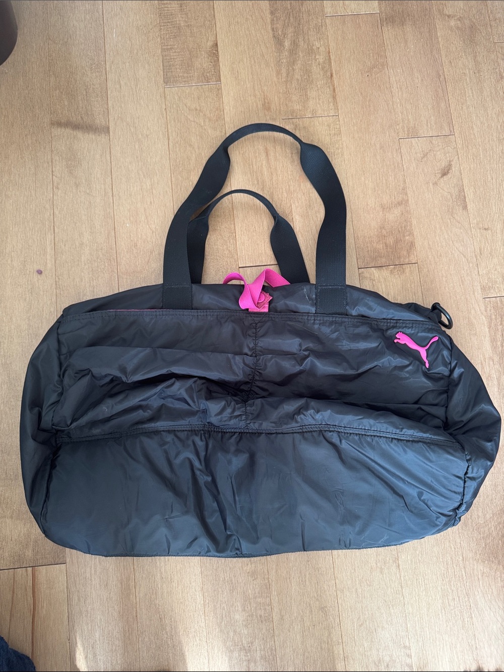 Puma Black Gym Duffel with Pink Logo and Accent